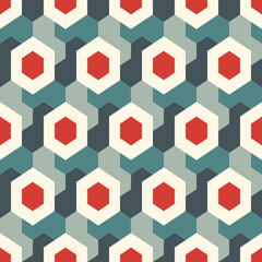 Honeycomb seamless pattern. Hexagon mosaic tiles ornament. Ethnic surface print. Repeated geometric figures background. Ornamental wallpaper. Modern geo design digital paper. Vector abstract art