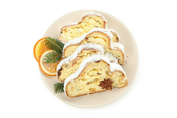 Stollen, tasty German dessert, isolated on white background