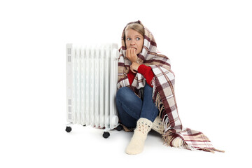 Woman with plaid, and heater isolated on white background