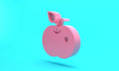 Pink Poison apple icon isolated on turquoise blue background. Poisoned witch apple. Minimalism concept. 3D render illustration
