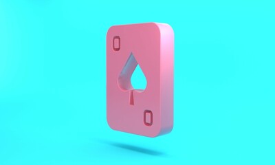 Pink Playing cards icon isolated on turquoise blue background. Casino gambling. Minimalism concept. 3D render illustration