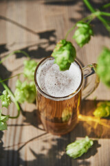 A mug with cold beer and hops on a wooden surface.