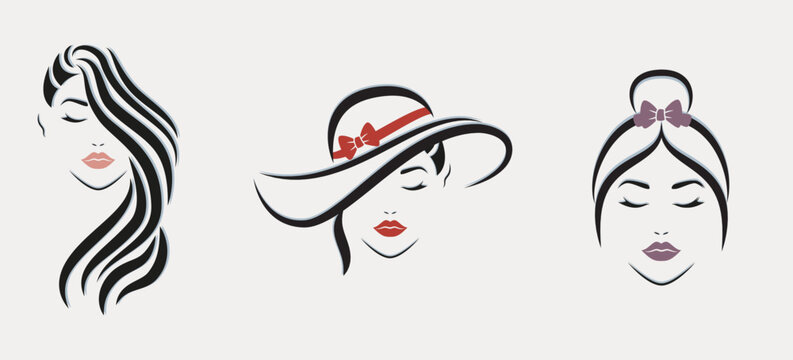 Women heads. Face outline. Vector design.