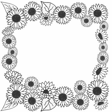 floral background, sunflower frame. Contour handwork. For backgrounds, cards, layout, print, greetings