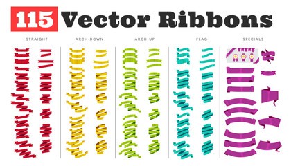 Set of 115 Ribbons of different shapes. Vector Ribbon elements. Vintage illustration of ribbons. Modern simple labels collection