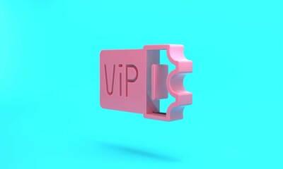 Pink Train ticket icon isolated on turquoise blue background. Travel by railway. Minimalism concept. 3D render illustration