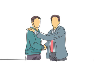 Fototapeta premium Single line drawing of businessmen handshaking his business partner after getting big project. Great teamwork. Business deal concept with continuous line draw style vector graphic illustration