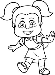 Outlined Happy School Girl Cartoon Character With Backpack. Vector Hand Drawn Illustration Isolated On Transparent Background