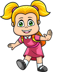 Happy School Girl Cartoon Character With Backpack. Vector Hand Drawn Illustration Isolated On Transparent Background