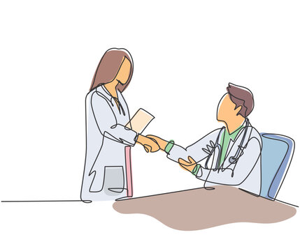 Continuous line drawing of young female doctor handshake with male doctor at hospital. Great healthcare teamwork concept. One line drawing vector illustration