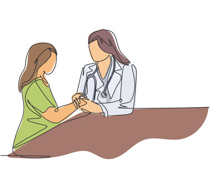 Continuous line drawing of female obstetrician and gynecologist doctor handshake and congratulate a young happy pregnant mom about her pregnancy. One line drawing vector illustration