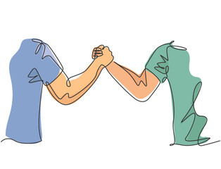 Continuous line drawing of two men wearing shirt handshaking to show sportsmanship at match field. Teamwork together in sport concept. One line drawing graphic design, vector illustration