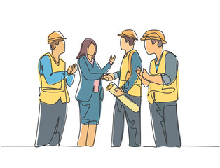 One line drawing of young business woman and architect builder wearing construction vest helmet handshake to deal project. Great teamwork concept. Continuous line drawing, vector graphic illustration
