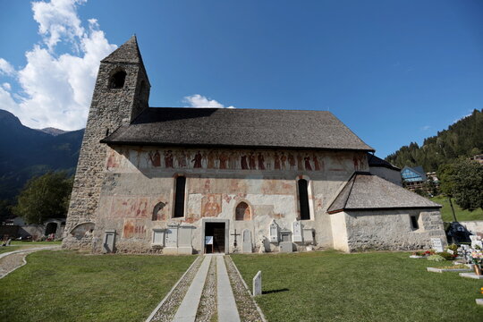 The church of San Virgilio in Pinzolo, Trentino, Italy, is a medieval cemetery church with the fresco depicting the Macabre Dance on the external facade.