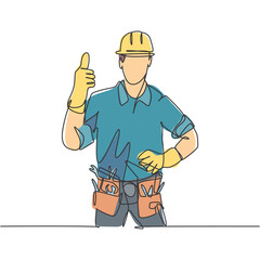 One line drawing of happy handyman wearing helmet and carrying tools gives thumbs up. Home maintenance service excellent concept. Continuous line draw graphic vector design illustration