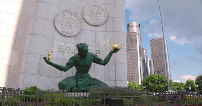 4k view or the 'Spirit of Detroit' monument in Detroit, Michigan
