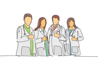 Fototapeta premium One line drawing of groups of young happy male and female doctors giving thumbs up gesture as service excellence symbol. Medical team work concept. Continuous line draw design vector illustration