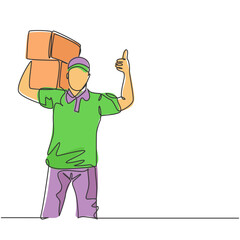 One line drawing of young happy delivery man gives thumbs up gesture while lift up carton box packages to customer. Delivery service business concept. Continuous line draw design vector illustration