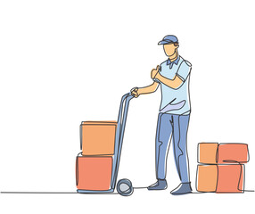 One line drawing of young delivery man gives thumbs up gesture while carrying carton box package with trolley to customer. Delivery service concept. Continuous line draw design vector illustration