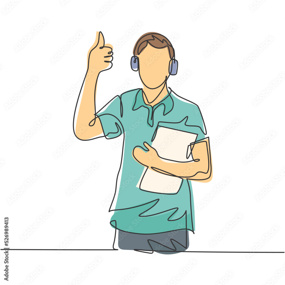 Aufkleber single line drawing of young happy field project manager wearing headset and carrying clipboard whil