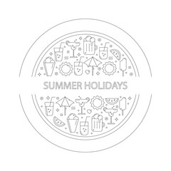 Icons summer holidays in a circle, logo, logo of summer drinks, vacation, vacation. Black and white in a circle