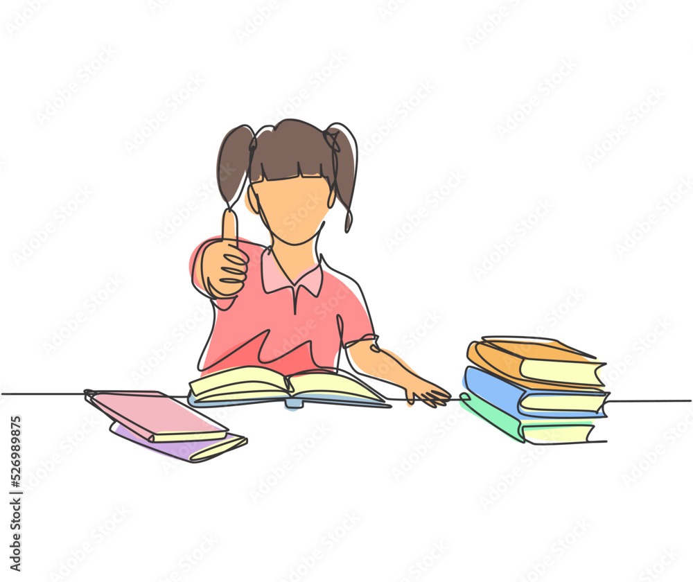 Poster one line drawing of young happy elementary school girl student studying in the library and reading s