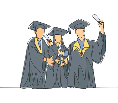 One line drawing group of young happy graduate male and female college student wearing gown and giving thumbs up gesture. Education concept continuous line draw design vector illustration
