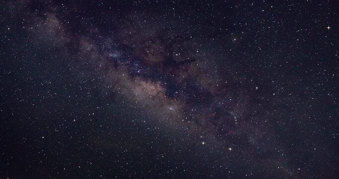 Milky Way galaxy exploration through outer space towards glowing milky way galaxy. 4K looping animation of flying through glowing nebulae, clouds and stars field. Animation video