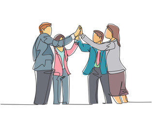 One line drawing of young businessmen and businesswomen celebrating their successive goal at the business meeting with high five gesture. Business deal concept continuous line draw design illustration