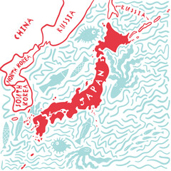 Vector hand drawn stylized map of Japan. East map element. Japanese  Travel illustration. Asia continent atlas