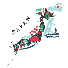Vector hand drawn stylized map of Japan landmarks. East map element. Japanese  Travel illustration. Asia continent atlas