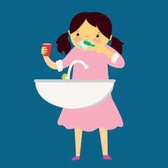 girl brushing her teeth near the sink
