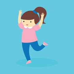 The girl raised her hands up and stands on one leg