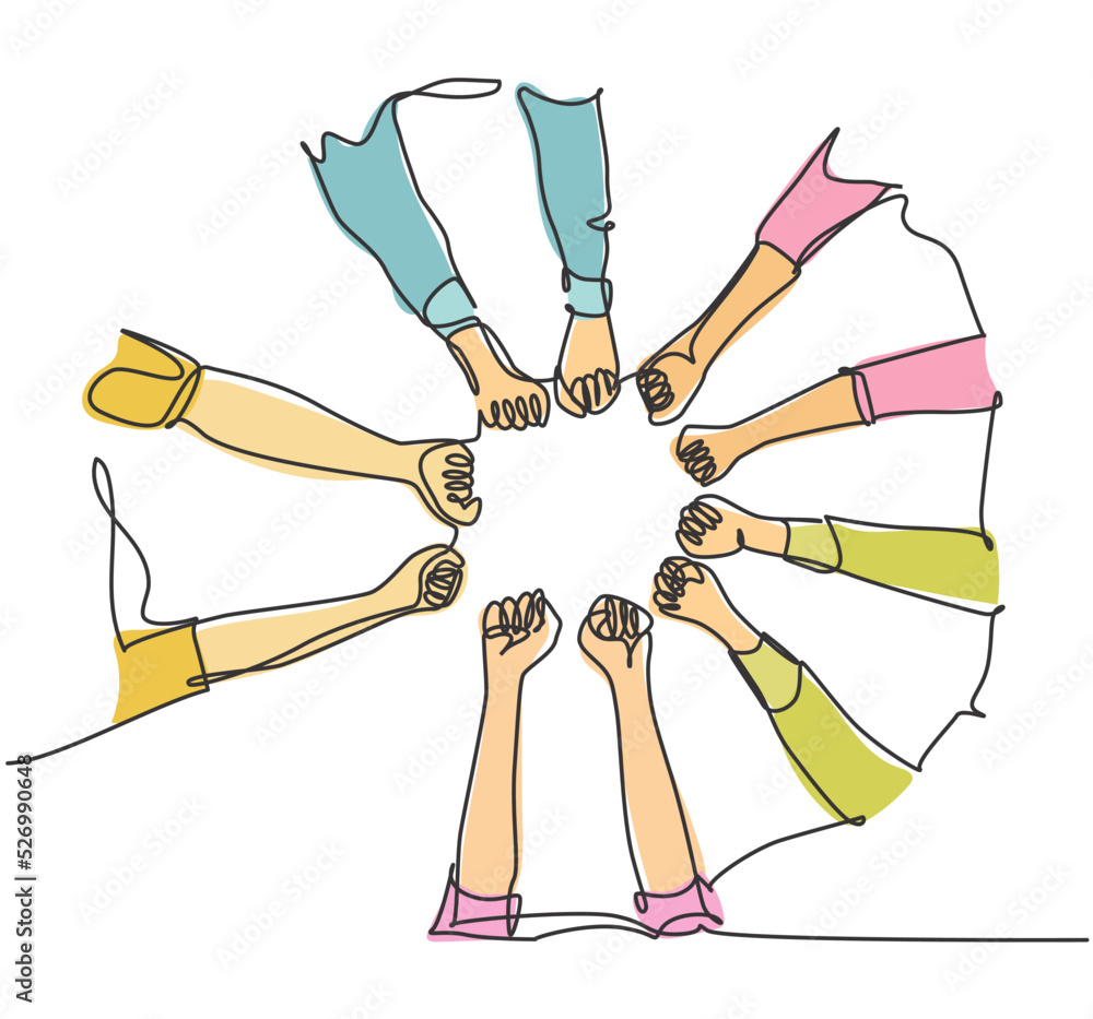 Aufkleber one line drawing of young happy people fist and join their hands together and create circle shape. b