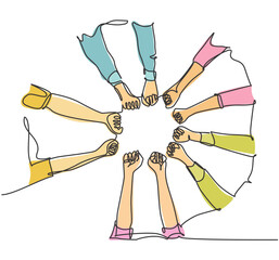 One line drawing of young happy people fist and join their hands together and create circle shape. Business team building concept continuous line draw design vector graphic illustration