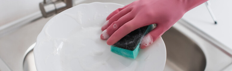 Cropped view of woman cleaning plate in kitchen, banner.