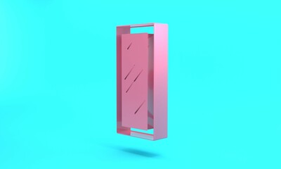 Pink Big full length mirror for bedroom, shops, backstage icon isolated on turquoise blue background. Minimalism concept. 3D render illustration