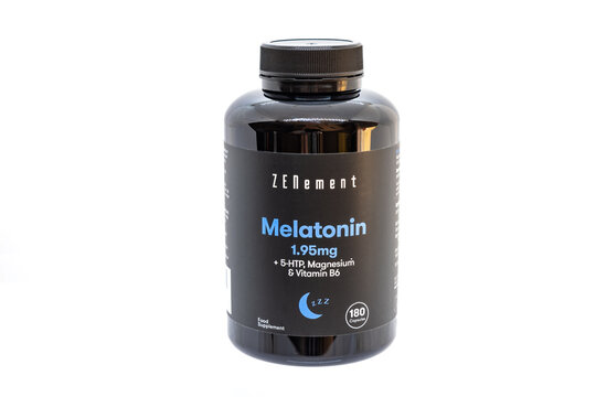 Huelva, Spain - August 30, 2022: Bottle of pills of Melatonin 1.95 mg and 5-HTP, Magnesium & Vitamin B6