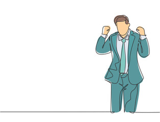 One single line drawing of young happy business man standing and fist his hands to the air to celebrate new business contract agreement. Business deal concept continuous line draw design illustration