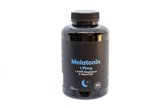 Bottle of pills of Melatonin 1.95 mg and 5-HTP, Magnesium and  Vitamin B6
