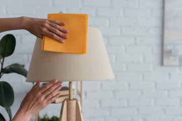 partial view of housewife cleaning lamp with soft rag.