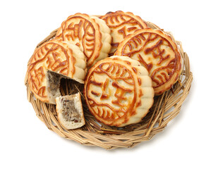 Mid-Autumn Festival moon cake on white background（Non-English texts translation :Five kernels, purple potato, chestnut）