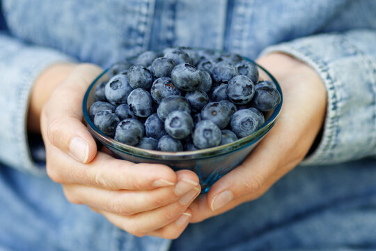 Handful of ripe blueberries close-up, summer berry diet.
