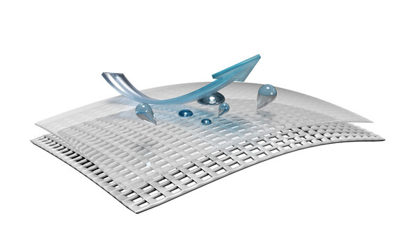 3d layered sheet waterproof with materials, fabric, rubber, film transparent with arrow, water droplets, minimal abstract, 3d render illustration, isolated