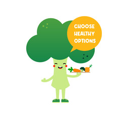 Cute smiling broccoli character holding a plate with fresh vegetables, asking to choose healthy food options.