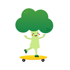 Cute and happy green broccoli character riding skateboard and having fun.
