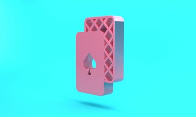 Pink Playing cards icon isolated on turquoise blue background. Casino gambling. Minimalism concept. 3D render illustration