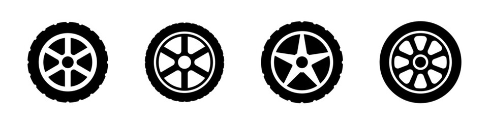 Black rubber wheel tire set icon. Wheel - car wheel icon set. Icon set related to car tires. Vector illustration. - obrazy, fototapety, plakaty