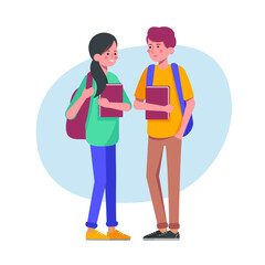 Couple of students flat vector illustration. Young girl and boy holding books isolated characters on white background. Happy teenager in casual clothes. Youth lifestyle.