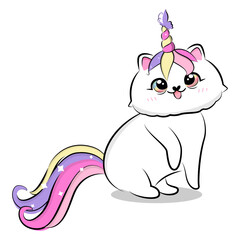 Cute cartoon cat with unicorn horn and tail. Vector illustration.